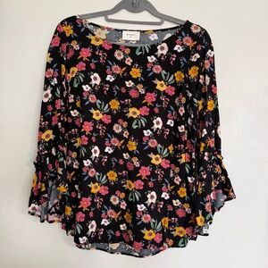 Black Floral Blouse with Bell Sleeves